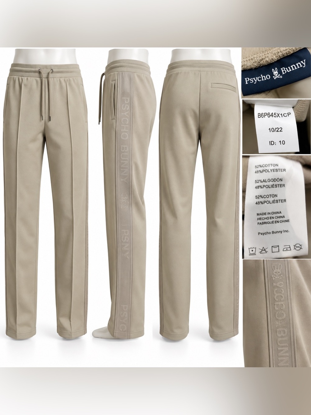 Psycho Bunny Sants Track Pants Wet Sand Logo Stripe Joggers B6P645X1CP
